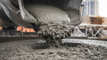 Fresh wet concrete being poured for construction project at urban site during daylight hours