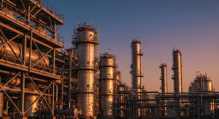 Industrial refinery towers at sunset capturing modern energy infrastructure
