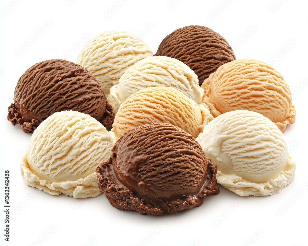 Poster five assorted chocolate vanilla strawberry scoops with natural light shadows in circular pattern on 