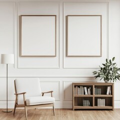 Minimalist living room with two blank frames, armchair, and bookshelf.