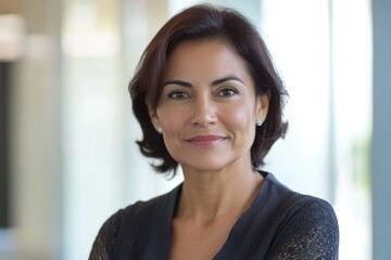 A woman in a black shirt looks directly at the camera