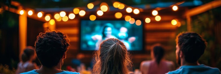 Fototapeta premium Summer Night Cinema Friends Gather Under String Lights, Enjoying Movie on Outdoor Screen