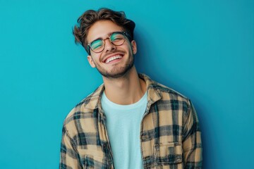 Obraz premium A person dressed in casual attire with glasses and a plaid shirt, suitable for everyday use or business settings