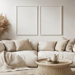 Minimalist living room with two blank frames, beige sofa, and woven coffee table.