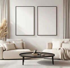 Minimalist living room with two blank frames, beige sofas, and coffee table.