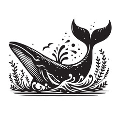 Naklejka premium Black Color Whale Silhouette Vector Illustration, Solid White Background