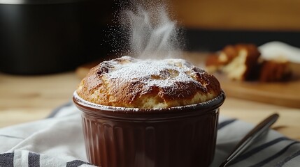Chocolate souffle with a delicate dusting of powdered sugar on top, light and airy center
