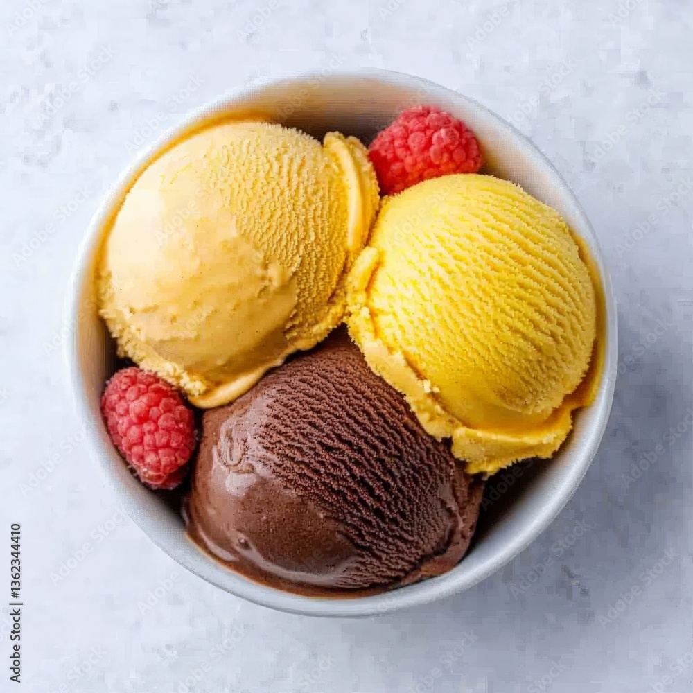 Aufkleber tricolor scoop composition in white dish featuring chocolate mango and raspberry flavor with visible