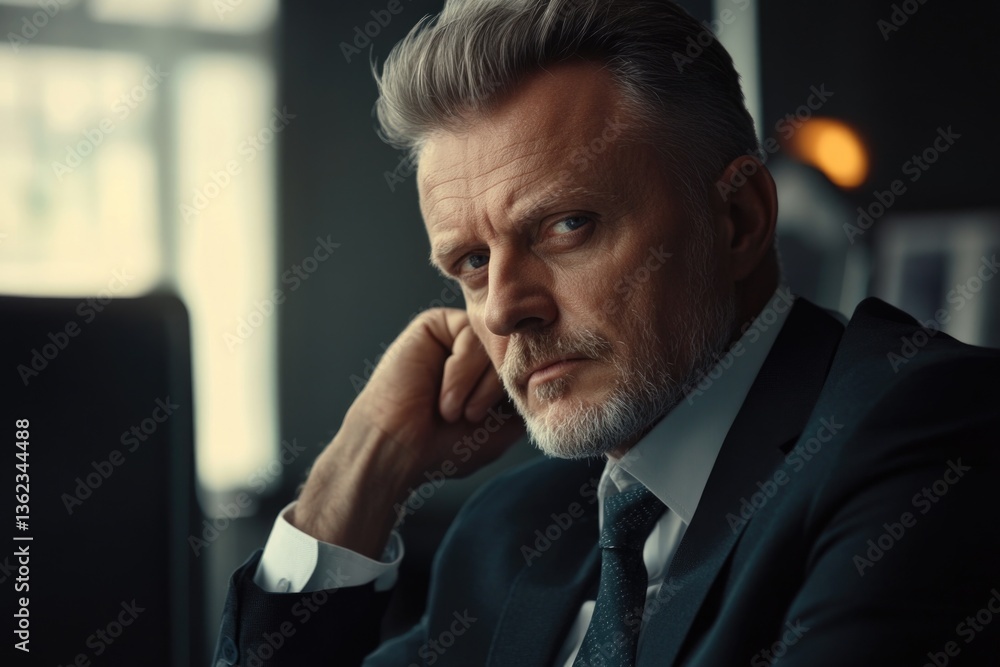Poster a person sitting in front of a computer with a serious expression, possibly working or studying