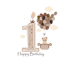 Adobe Illustrator ArtworkBaby first birthday one candle with teddy bear and hot air balloon. T-shirt, baby shower, baby gender reveal party design element vector