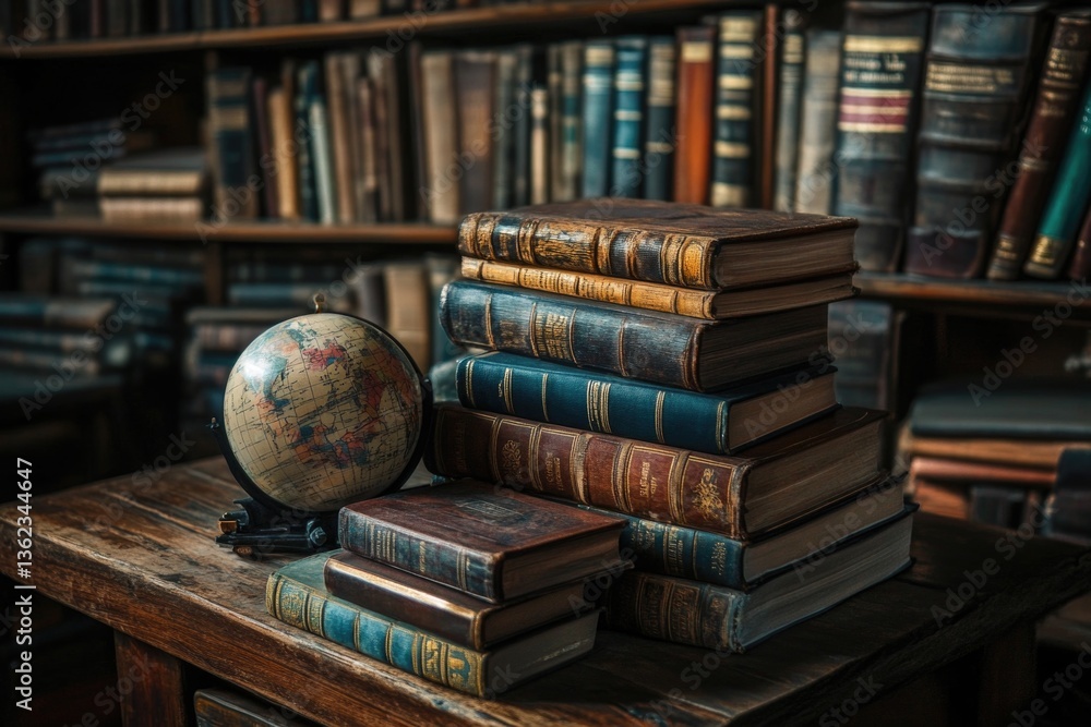 Poster a globe sits atop a stack of books, representing knowledge and exploration