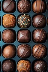 Fototapeta premium Assortment of various chocolate truffles arranged inside a dark blue tray