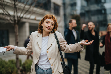 Professional woman in a beige blazer making expressive gestures while interacting with colleagues...