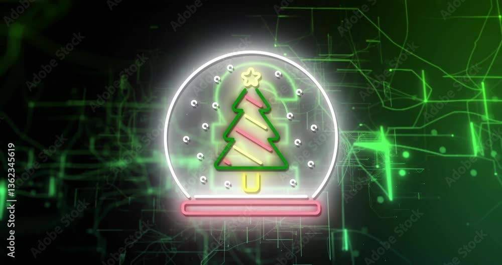 Aufkleber digital animation of christmas tree in snow globe with green circuit background