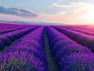 Naklejka premium A beautiful lavender field in Provence with vibrant purple flowers under a colorful summer sunset sky