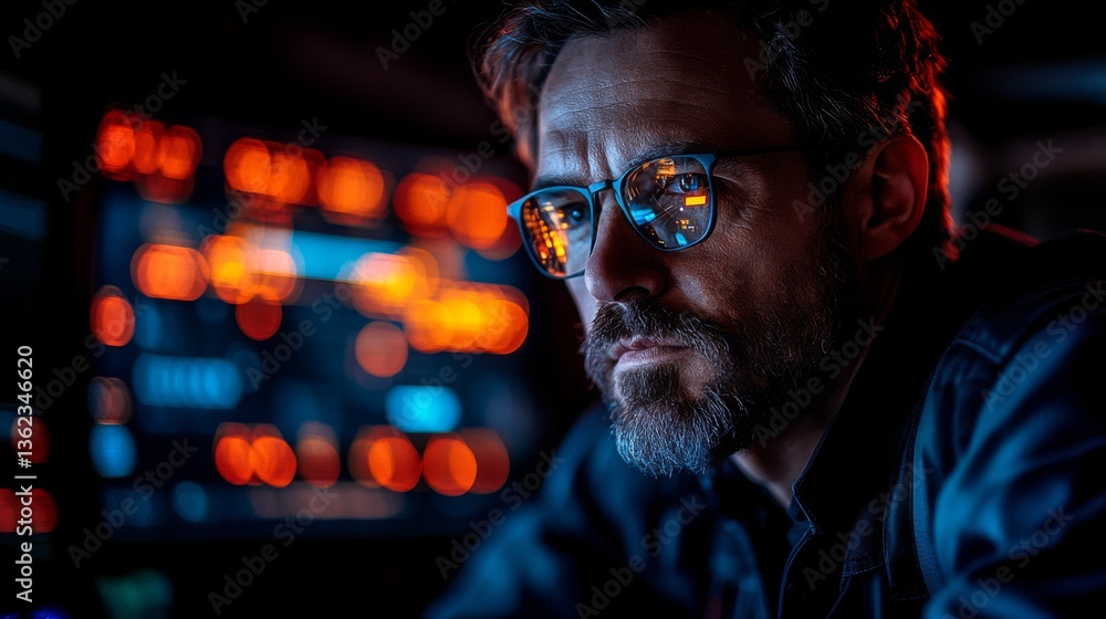 Poster A focused individual monitors advanced logistics systems, analyzing data from a control panel highlighting trends in transportation, security, and automated processes during nighttime operations.