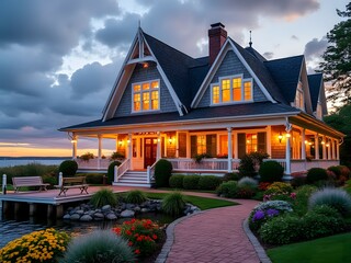 Charming coastal house with wraparound porch, steep pitched roof, large windows, wooden dock, string lights, colorful flower beds, lush greenery, golden hour lighting, waterfront property