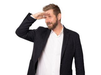 Young handsome business man with beard wearing shirt standing over transparent background very happy and smiling looking far away with hand over head.