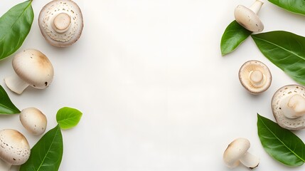 Fresh Mushrooms and Green Leaves on White Background Flat Lay
