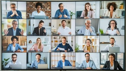 A large screen displays a video conference call with many diverse participants engaged in a virtual meeting - Powered by Adobe