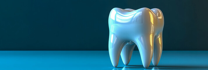 Dental health concept: A glossy molar on a blue surface, suitable for medical presentations and oral hygiene materials