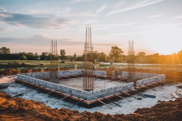 Construction of a building foundation with steel rebar during sunset in a rural area