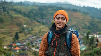 Naklejka premium Adventurous young man trekking through scenic mountain terrain with a smile
