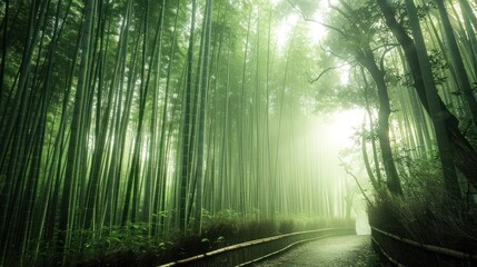 Fototapeta premium Lush bamboo forest path, misty morning light