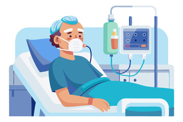 A patient using an oxygen therapy mask in a hospital room, isolated on white background.
