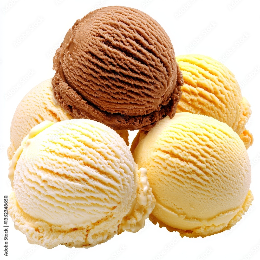 Poster dual vanilla and chocolate scoops placed in triangle pattern on soft beige plate with ambient light 