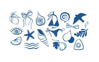 Fototapeta premium Coastal doodle hand drawn vector illustrations. Sea life in blue colour. Mediterranean vibe