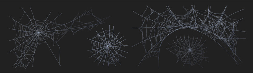 Spooky halloween old cobweb with various sizes and shapes. Old spider web set flat vector illustration for dark gothic decoration for holidays. Corner spider net insect thread cobweb scary frames.