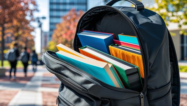 Modern backpack with books, sleek black backpack unzipped revealing colorful books, urban college campus background, bright daylight, vibrant academic theme