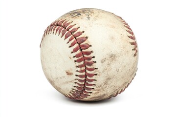 A close-up view of a baseball on a white surface
