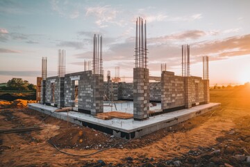 Construction site of a modern building under sunset sky, showcasing concrete structure and rebar pillars in progress
