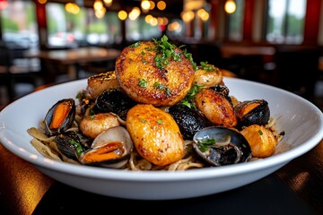 Plato de pasta con mariscos frescos, con una presentación atractiva en un restaurante acogedor