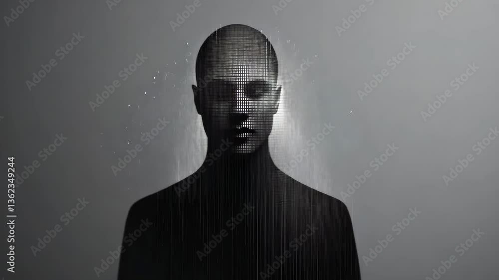 Aufkleber mysterious digital figure with pixelated face and glowing aura against gradient background futuristi