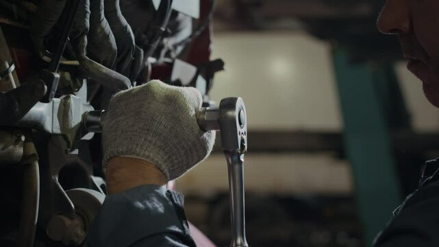 Cropped close up shot of hands of unrecognizable mechanic in cotton gloves using wrench repairing vehicle in car service