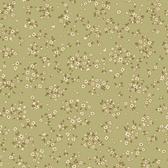 Vector illustration. Ditsy Floral seamless pattern of delicate tiny beige flowers on a green background, blooming flowers. Liberty pattern textiles, packaging, fabric, sublimation printing