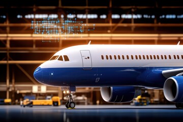 Fototapeta premium Modern aircraft in hangar with technology overlay