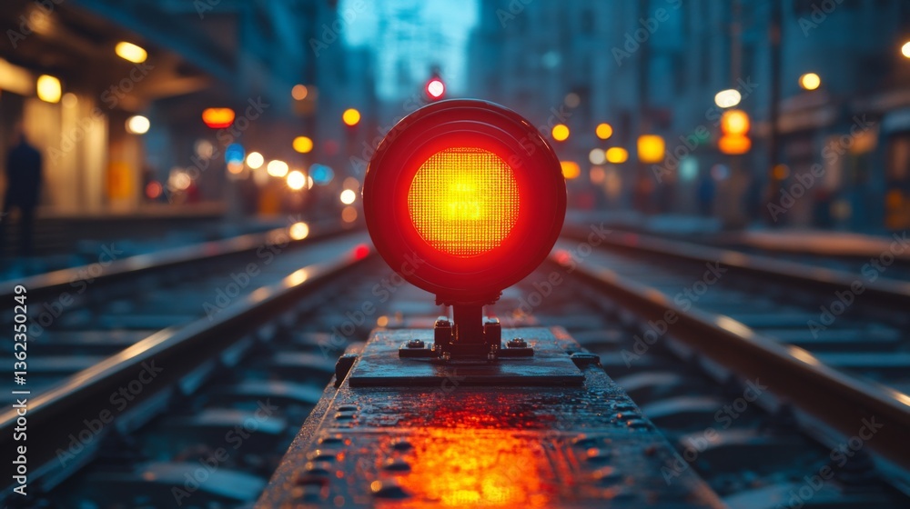 Poster bright traffic signal stands on railway tracks, illuminating the wet ground while city buildings eme