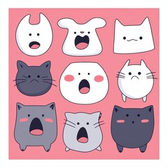 Nine Adorable Cartoon Animal Faces in Pastel Pink Grid