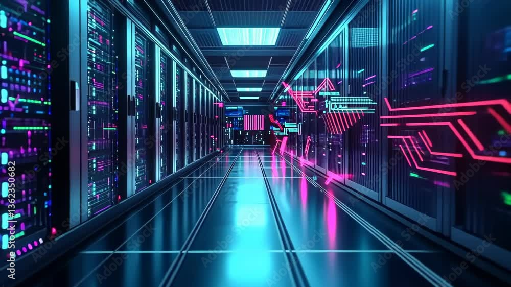 Poster exploring a futuristic data center with colorful lighting in a digital environment