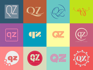 QZ logo company template. Letter q and z logotype. Set different classic serif lettering and modern bold text with design elements. Initial font typography.