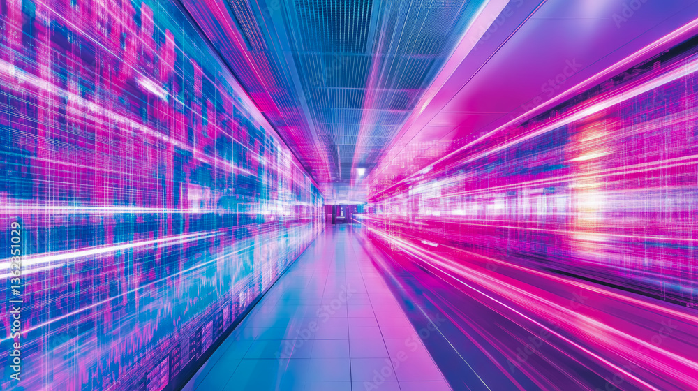Poster concept: digital data stream, purple tunnel with glowing data flow and light streaks, abstract futur