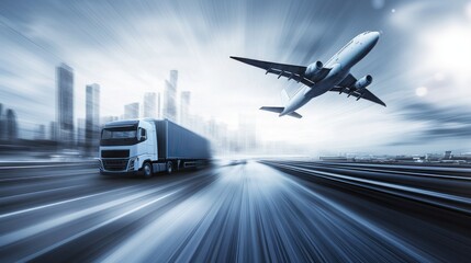 Cargo truck and airplane in motion with a city skyline in the background, symbolizing quick commerce and seamless logistics in modern urban settings