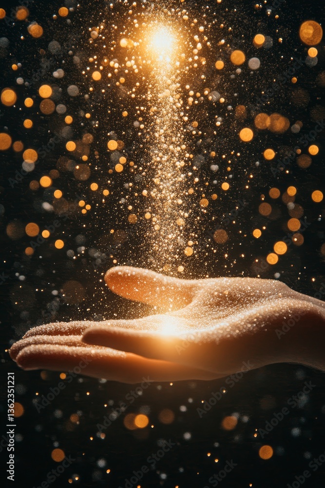Poster magic in your hand golden dust and bokeh effect with space for text on dark background