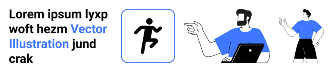 Male professional pointing to a laptop with a running icon, symbolizing action and strategy. Ideal for motivation, productivity, planning, presentations, sports, team leadership, flat landing page