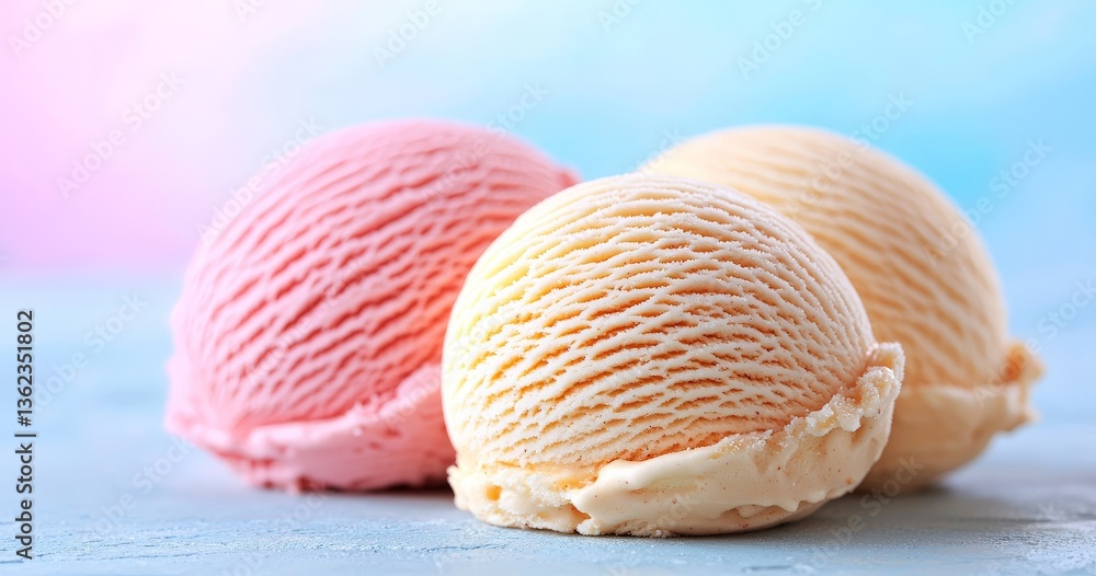 Aufkleber closeup of three pastel scoops in red pink and cream tones with visible creamy texture on neutral ba