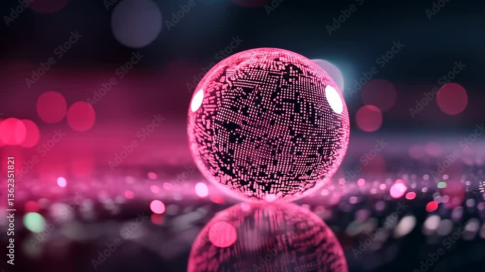 Aufkleber glowing pink sphere with intricate digital patterns and bokeh lights on reflective surface creates f